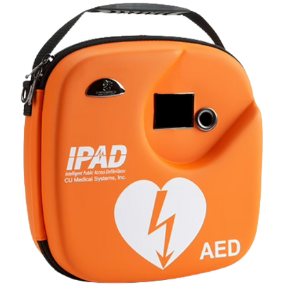 Orange AED (Automated External Defibrillator) case with visible branding on a white background