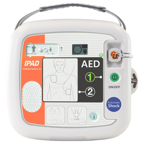 Automated External Defibrillator (AED) with visible brand logo on a white background