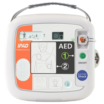 Automated External Defibrillator (AED) with visible brand logo on a white background