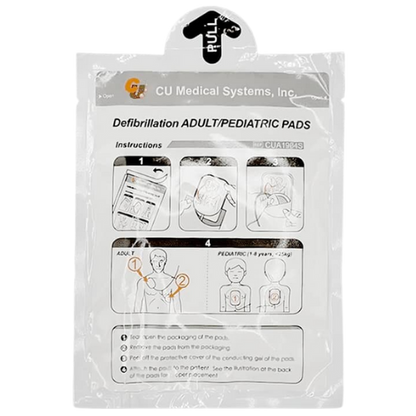 Packaging of CU Medical Systems, Inc. defibrillation adult/pediatric pads with instructions.
