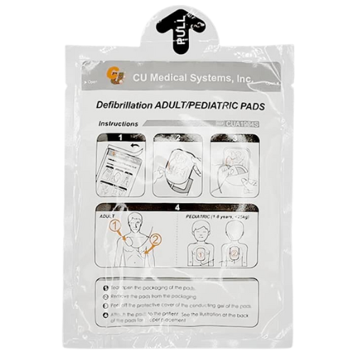Packaging of CU Medical Systems, Inc. defibrillation adult/pediatric pads with instructions.