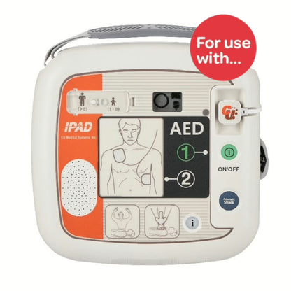 AED device with 'For use with' label on a white background