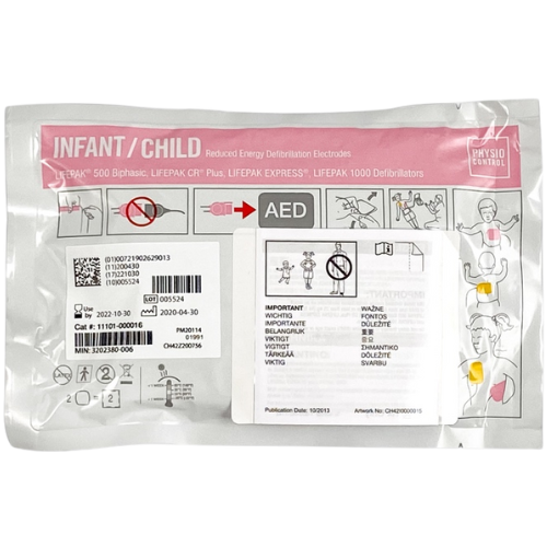 Package of infant/child AED defibrillation electrodes with labels and instructions.