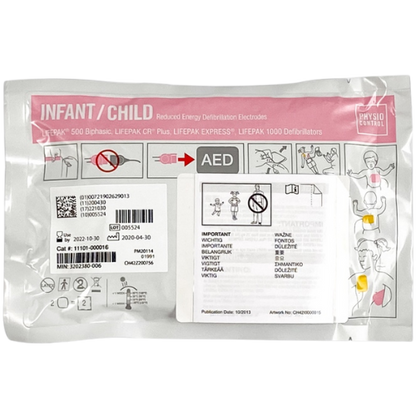 Package of infant/child AED defibrillation electrodes with labels and instructions.