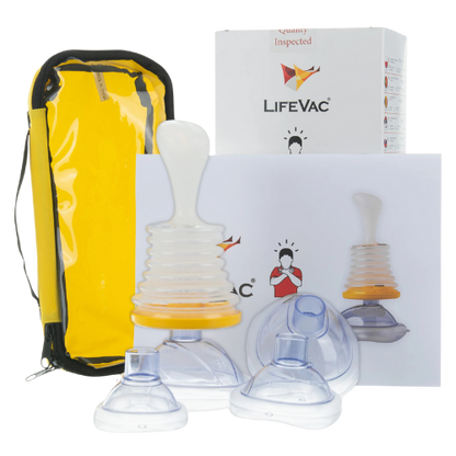 LifeVac medical device with yellow bag and packaging on a white background