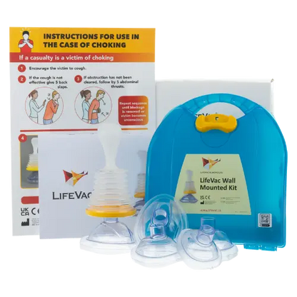 LifeVac choking response kit with instructions and wall-mounted device on a white background