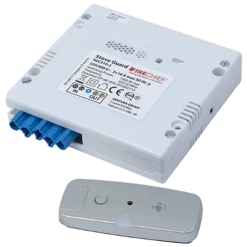 White electronic device with blue connectors and a smaller gray device on a white background