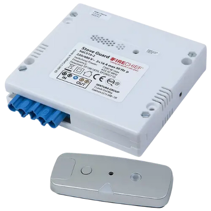 White electronic device with blue connectors and a smaller gray device on a white background