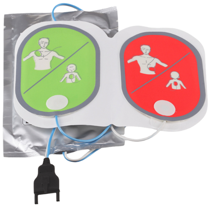 defibrillator electrode pads with green and red labels on a white background