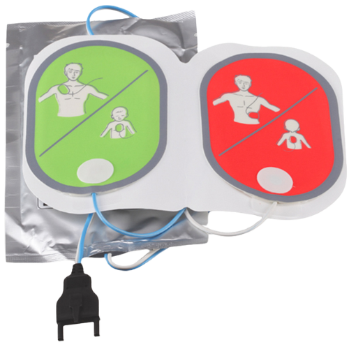 defibrillator electrode pads with green and red labels on a white background