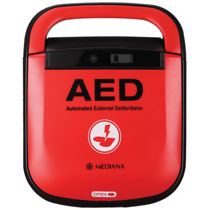 Red AED (Automated External Defibrillator) with MEDIANA branding on a red background