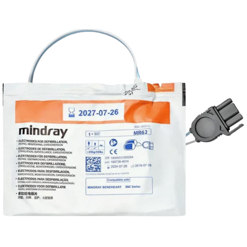 Mindray electrode pads packaging with a cable and connector on a white background