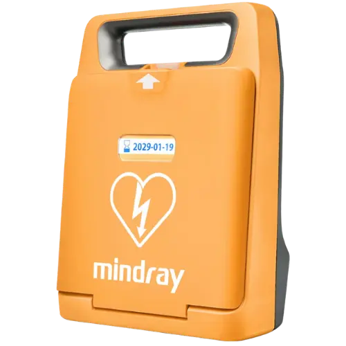 Orange AED (Automated External Defibrillator) with 'mindray' branding on a white background