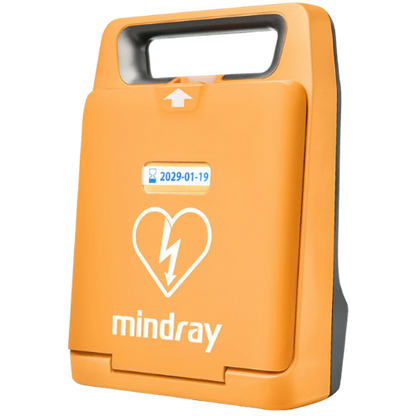 Orange AED (Automated External Defibrillator) with 'mindray' branding on a white background