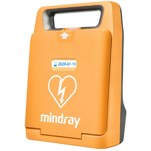Orange AED (Automated External Defibrillator) with 'mindray' branding on a white background