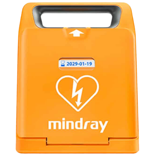 Orange AED (Automated External Defibrillator) case with 'mindray' branding on a white background