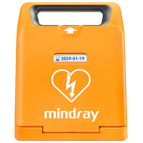 Orange AED (Automated External Defibrillator) case with 'mindray' branding on a white background