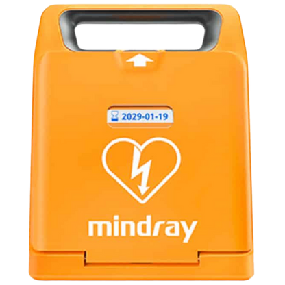Orange AED (Automated External Defibrillator) case with 'mindray' branding on a white background