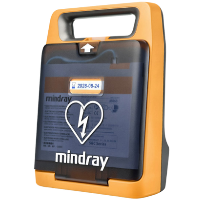 Mindray defibrillator with clear door, with orange body