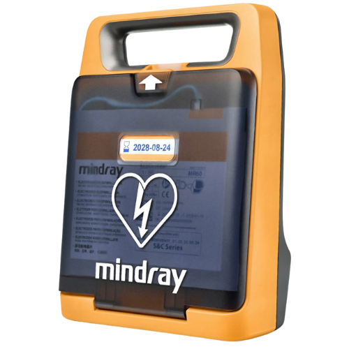Mindray defibrillator with clear door, with orange body