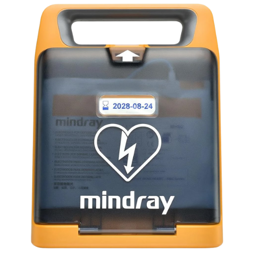 Mindray defibrillator with clear front panel showing expiration date. heart logo 