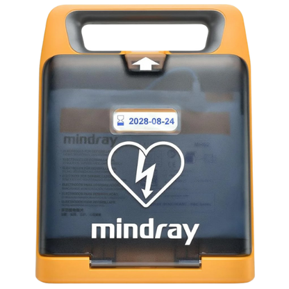 Mindray defibrillator with clear front panel showing expiration date. heart logo 