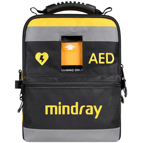 Black and yellow AED backpack with 'mindray' branding on a white background