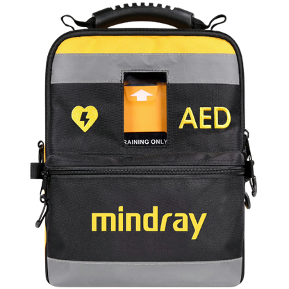 Black and yellow AED backpack with 'mindray' branding on a white background