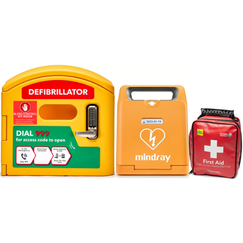 Defibrillator cabinet and orange mindray AED and first aid kit on a white background