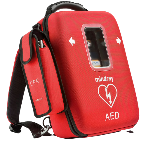 Red AED (Automated External Defibrillator) with 'mindray' branding on a white background