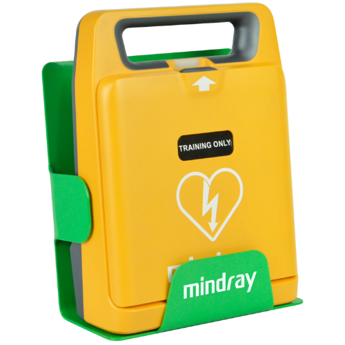 Yellow and green defibrillator with 'mindray' branding wall bracket on a white background