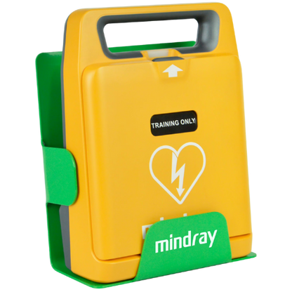 Yellow and green defibrillator with 'mindray' branding wall bracket on a white background