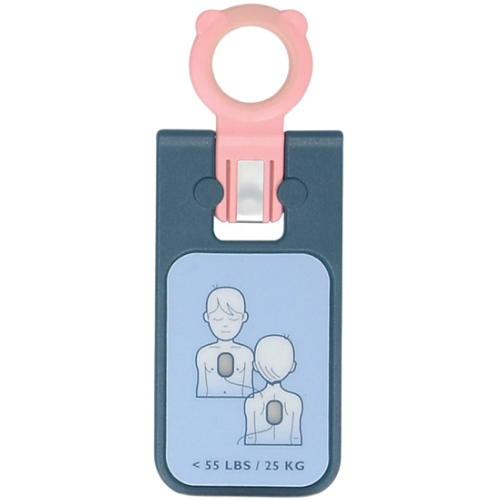 Blue and pink weight indicator on a defibrillator infant key