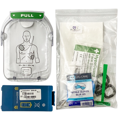 First aid kit components including a face shield, gloves, and blue defibrillator battery and white electrode pads