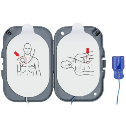 Two AED (Automated External Defibrillator) pads with a blue cable on a white background