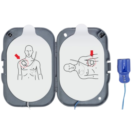 Two AED (Automated External Defibrillator) pads with a blue cable on a white background