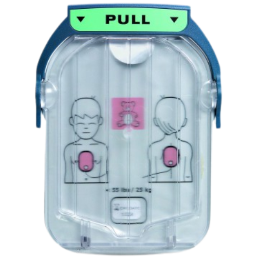 AED (Automated External Defibrillator) electrode pads with clear cover and pull tab with child on front with pink pad placement 