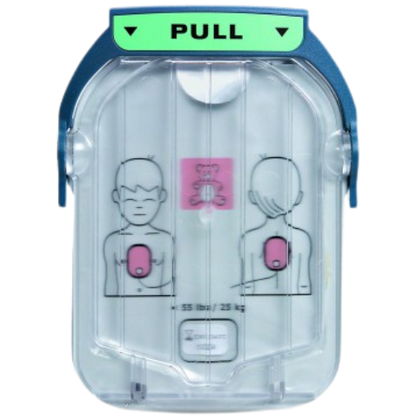 AED (Automated External Defibrillator) electrode pads with clear cover and pull tab with child on front with pink pad placement 