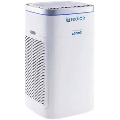 White air purifier with 'RediAir' and 'Clinell' branding on a white background