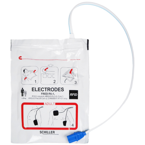 Schiller Electrode pads with cable on a white background