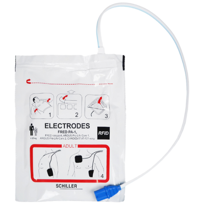Schiller Electrode pads with cable on a white background