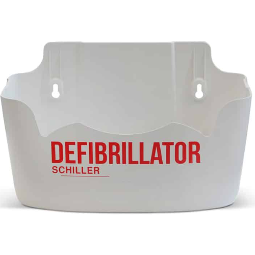 White defibrillator wall mount with 'DEFIBRILLATOR SCHILLER' text on a white background