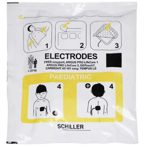 Schiller pediatric electrodes with illustrations and branding
