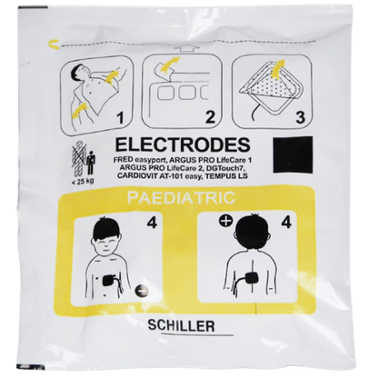 Schiller pediatric electrodes with illustrations and branding