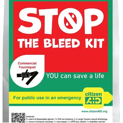 STOP THE BLEED KIT packaging with branding and text on a red and green background