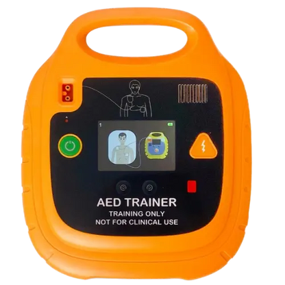 Orange AED trainer device with a screen and buttons on an orange background