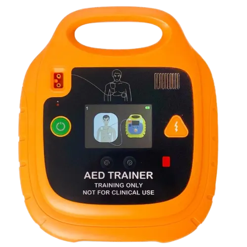 Orange AED trainer device with a screen and buttons on an orange background