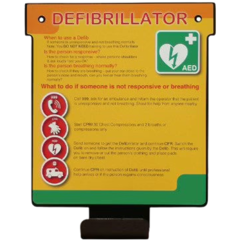 Defibrillator information sign with text and icons on a yellow background