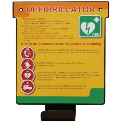 Defibrillator information sign with text and icons on a yellow background