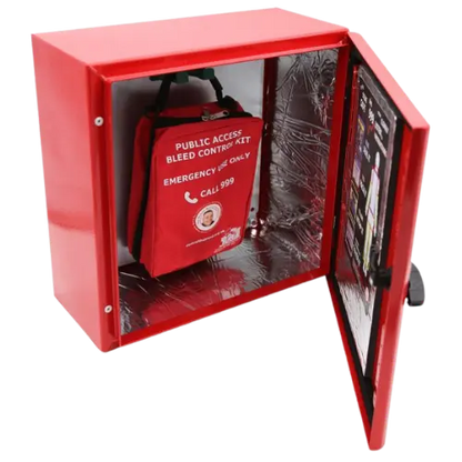 Red emergency kit inside a red metal cabinet on a white background